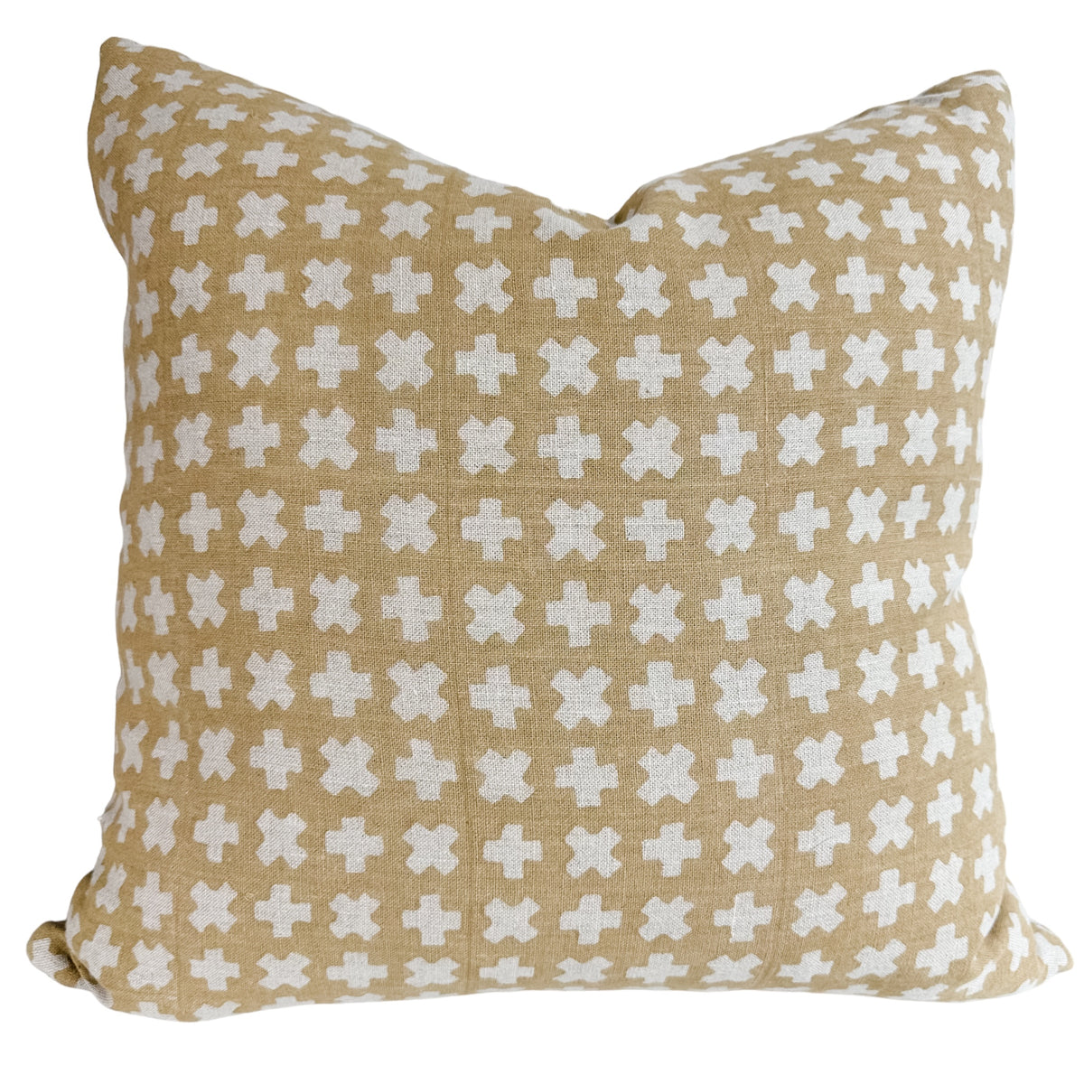 A square-shaped pillow with a beige background featuring a geometric cross pattern in white.