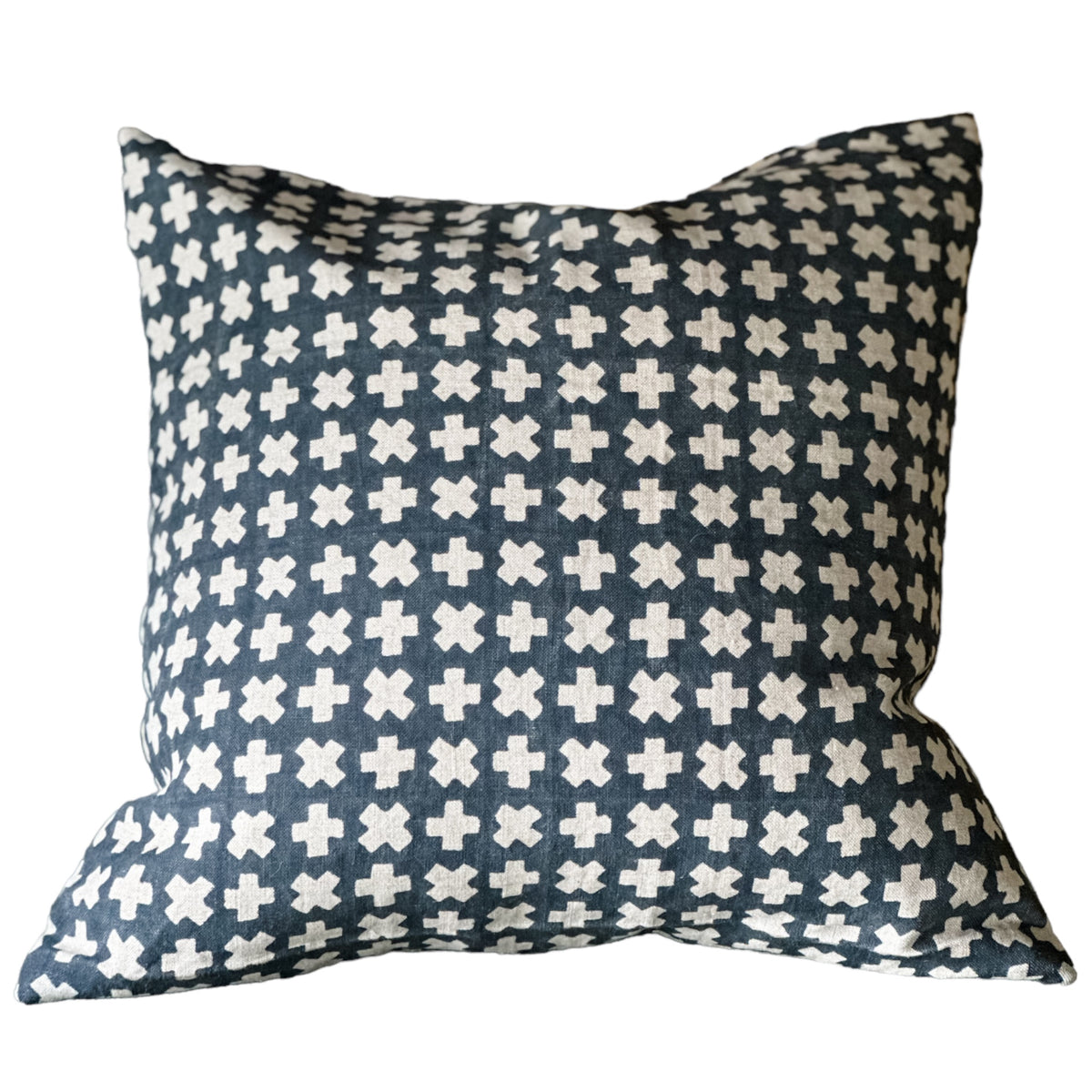 Bastideaux Bogo pillow in Midnight with natural flax cross motifs