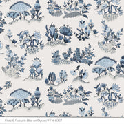 Bastideaux Flora & Fauna textile in blue on oyster with botanical and floral motiif