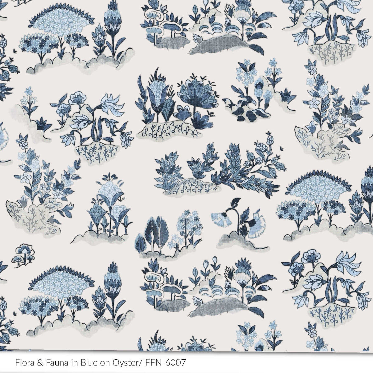 Bastideaux Flora & Fauna textile in blue on oyster with botanical and floral motiif