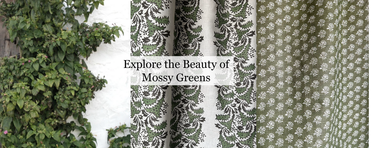 Bastideaux green botanical textiles with text “Explore the Beauty of Mossy Greens”