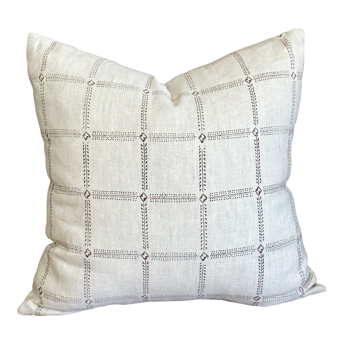 Bastideaux Ronin pillow in Clove with geometric grid pattern on natural linen