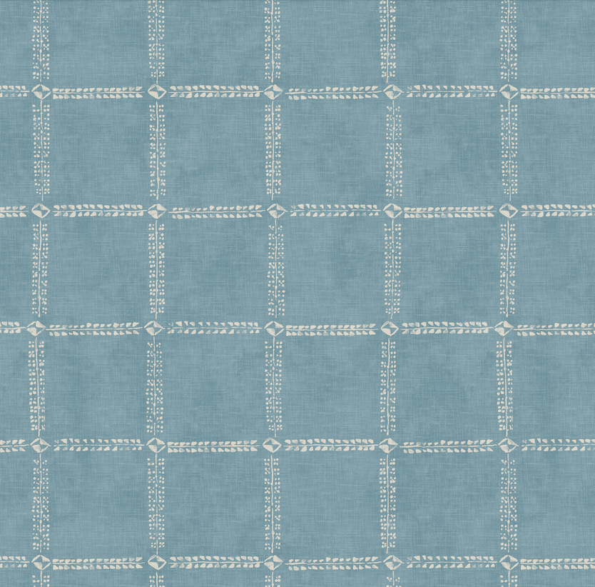 Blue fabric with check and tribal diamond pattern on linen
