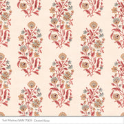 A San Marino textile print detail with a floral pattern in various colors, predominantly desert rose, with a rose cream linen background