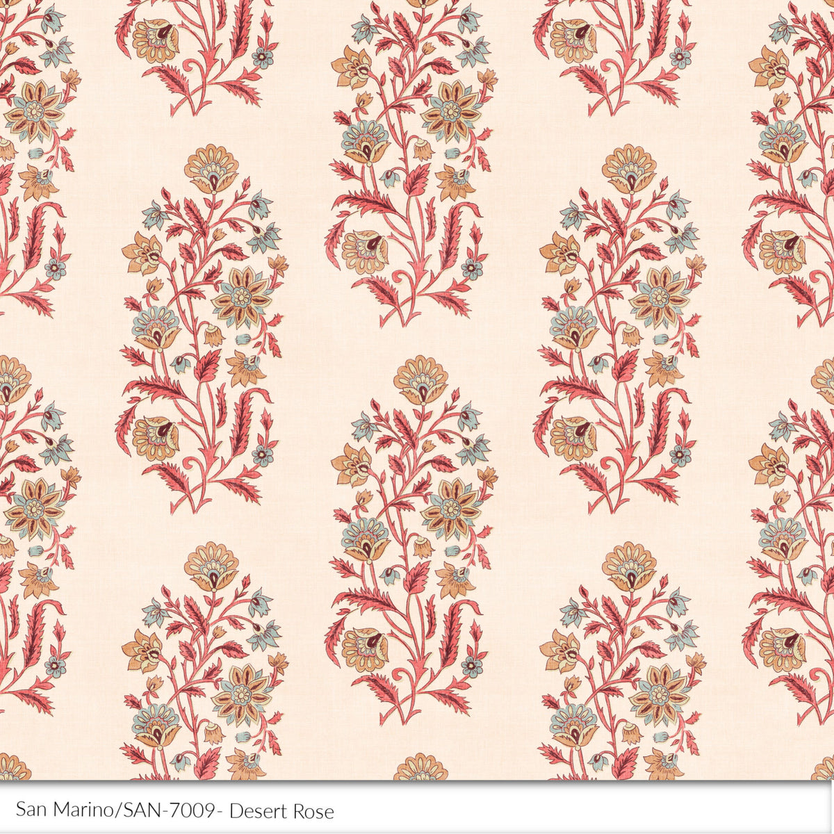 A San Marino textile print detail with a floral pattern in various colors, predominantly desert rose, with a rose cream linen background
