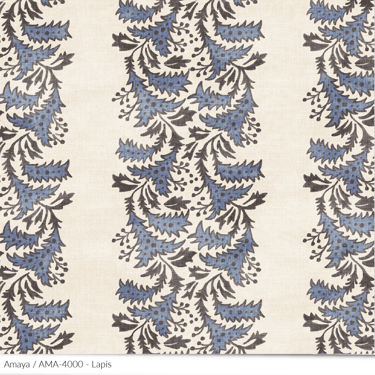Bastideaux Amaya textile in Lapis with blue and charcoal botanical motifs on a natural ground