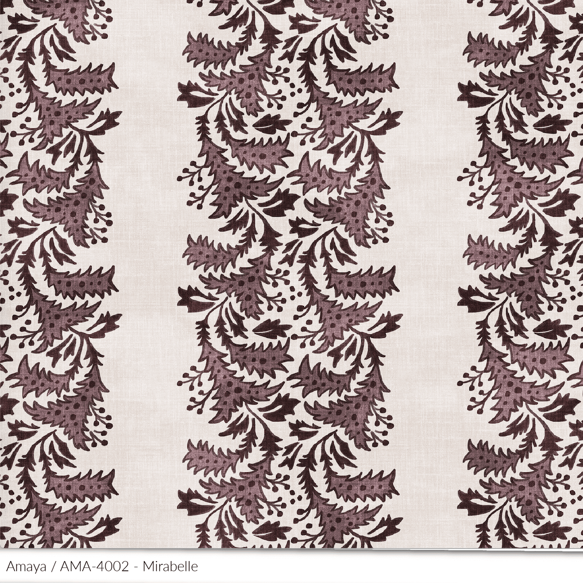 
Bastideaux Amaya textile in Mirabelle with purple and charcoal scrolling botanical motifs on a natural ground
