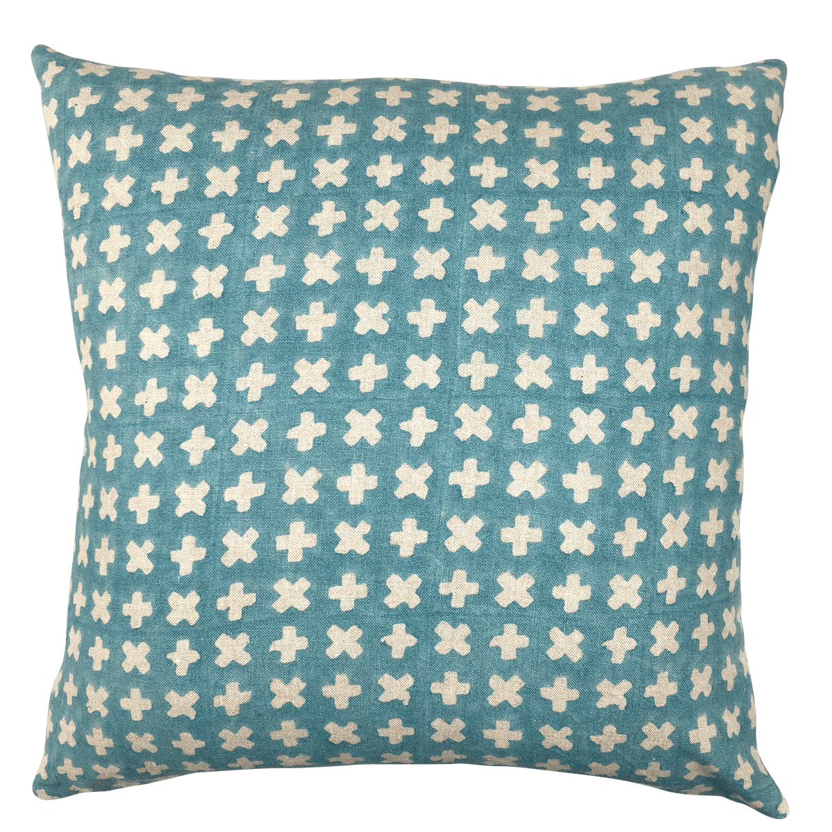 Bastideaux Bogo pillow in turquoise with natural linen cross motifs