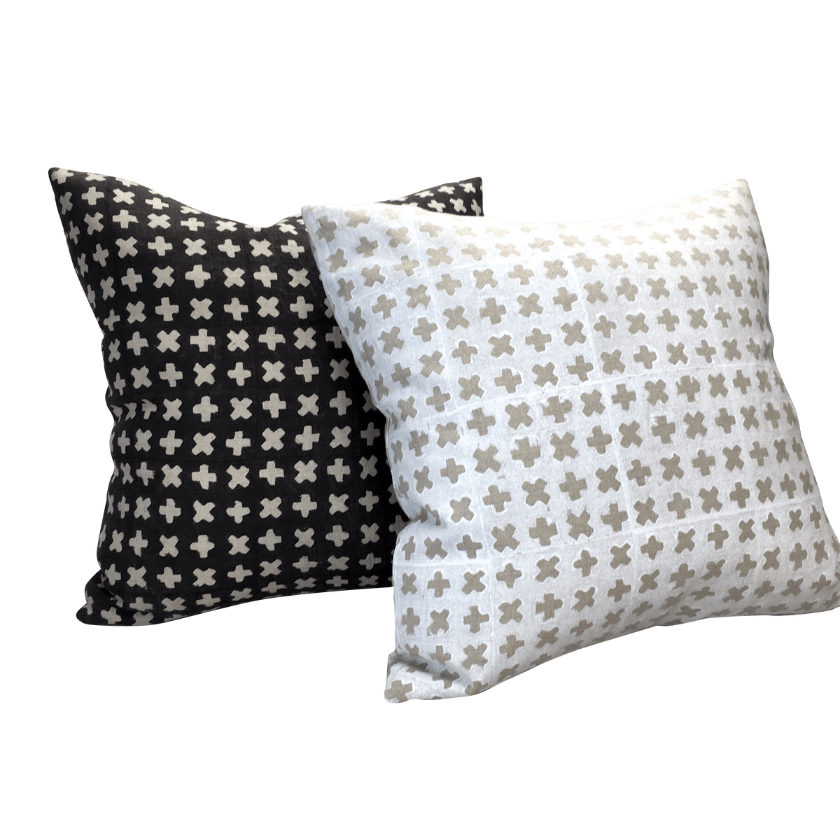 Bastideaux Bogo pillows in Pavement and chalk with ivory cross motifs