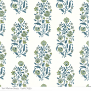 A San Marino textile print detail with a floral pattern in various colors, predominantly blue and green, with a white linen background.